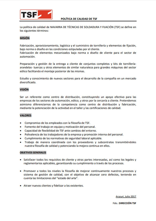 TSF QUALITY POLICY image